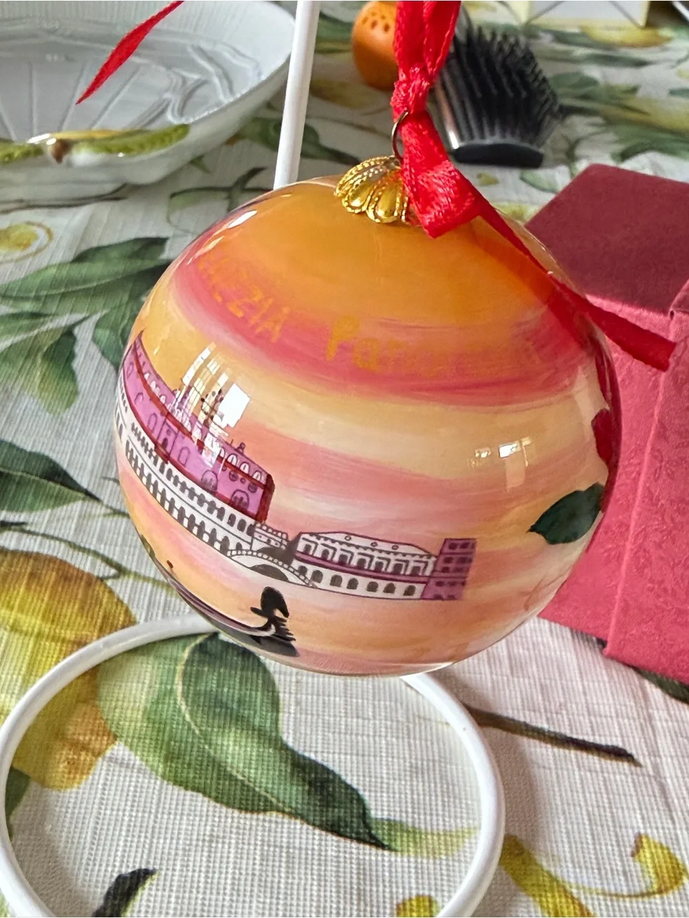 Hand-Painted Venice Gondola Holiday Ornament - Orange Li Bien